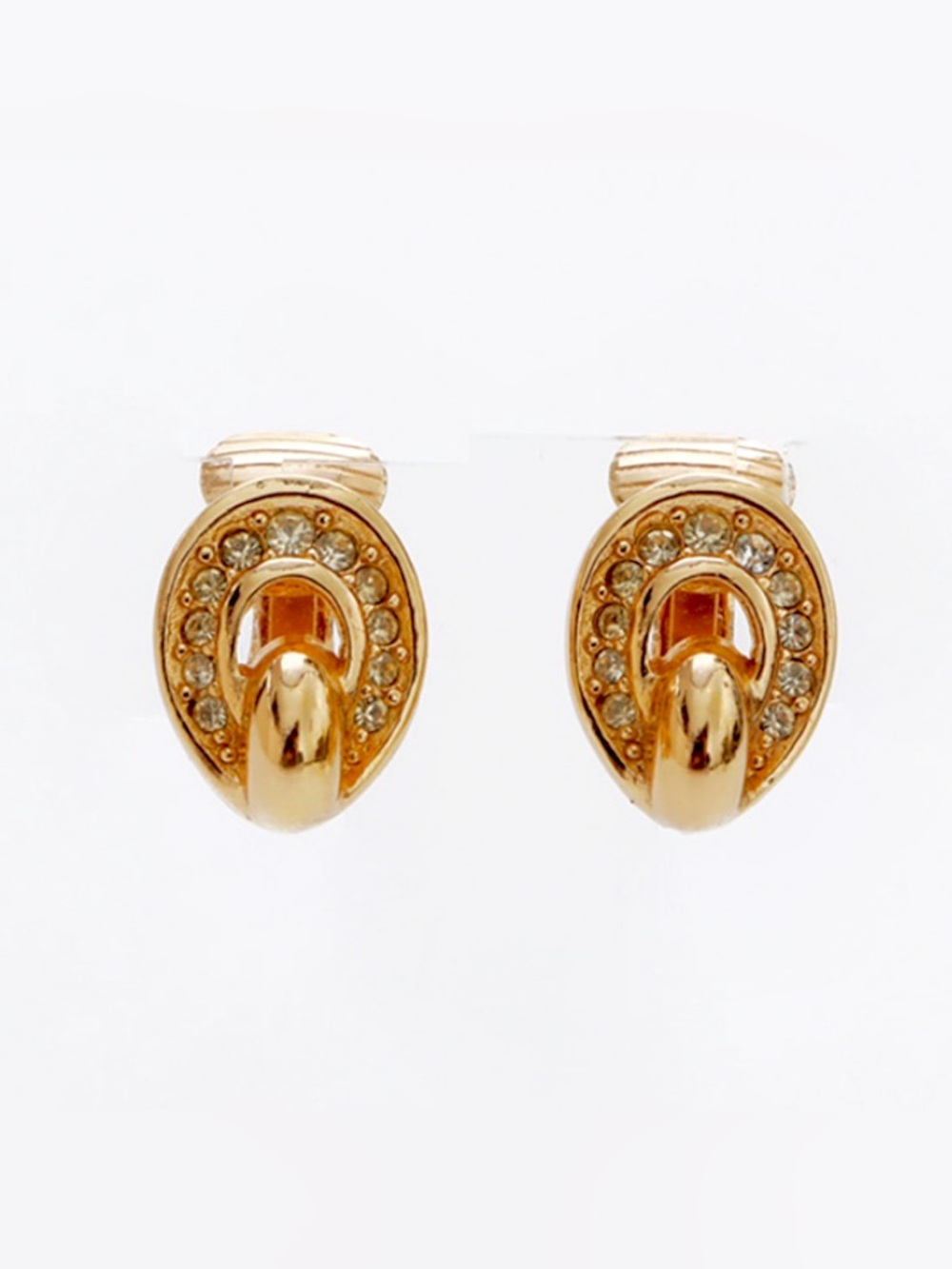Dior Signed Vintage 70s 18K Gold Plated Crystal Clip-On Earrings Authentic